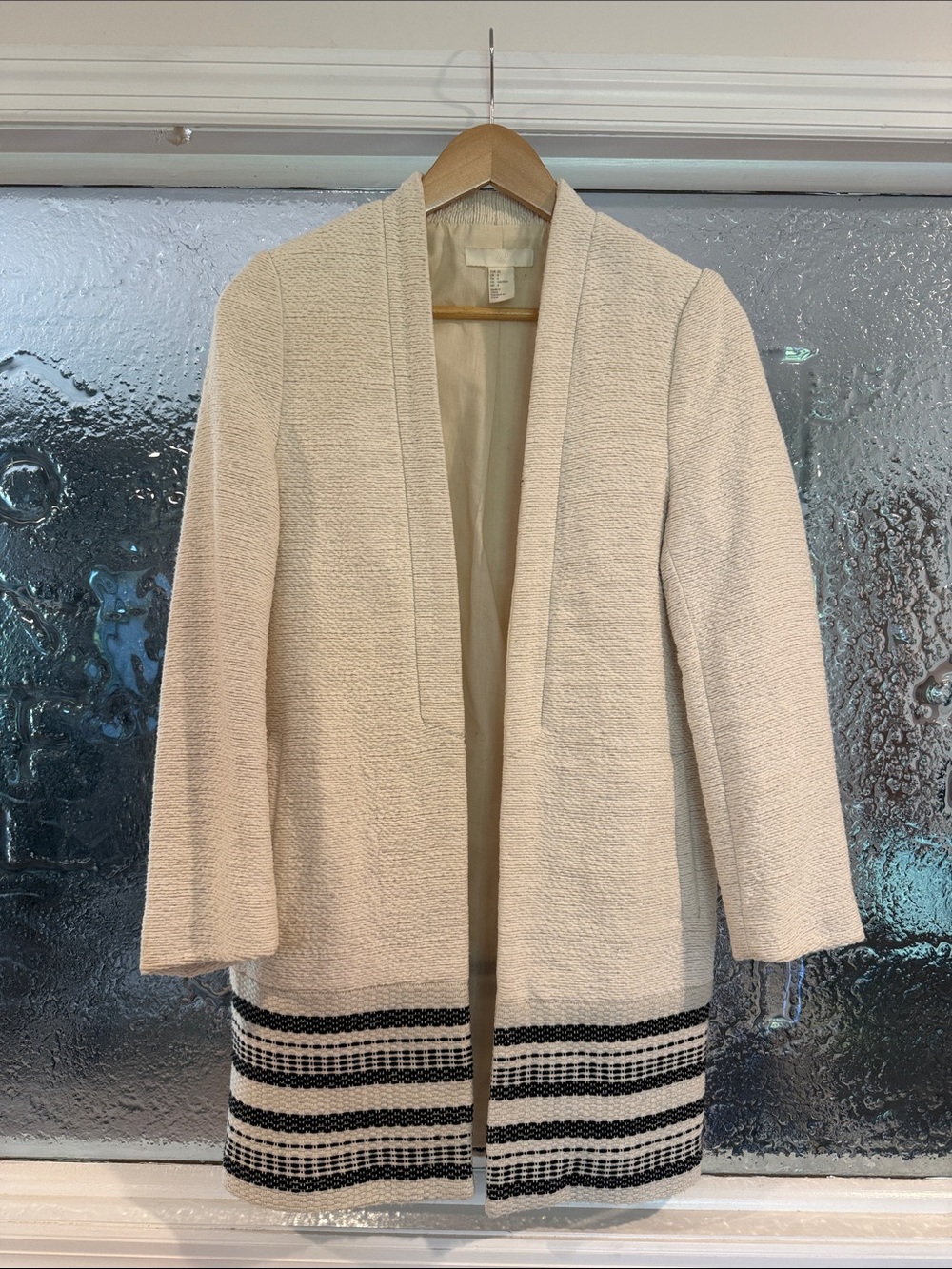 H&M 4 Textured Cream Open Front Coatigan with Black Stripe Hem